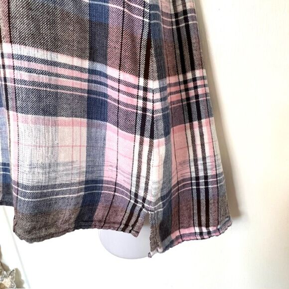 ANTHRO CLOTH & STONE PINK & BLUE PLAID ONE SHOULDER LINEN BLEND TOP SIZE LARGE - Picture 8 of 11